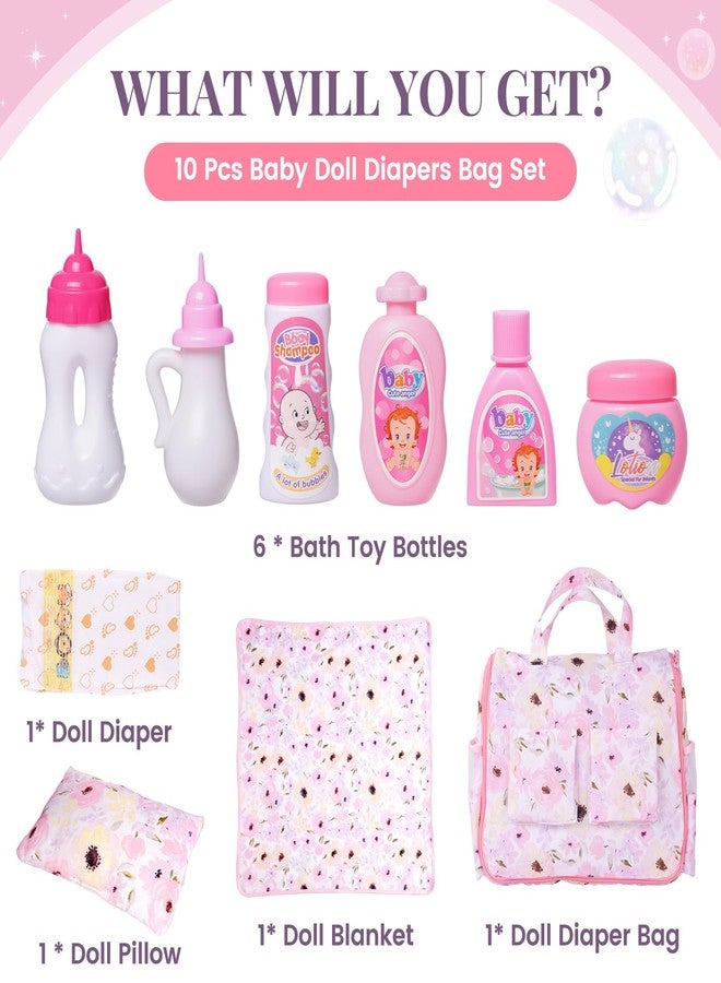 BABESIDE 10 Pcs Baby Doll Diaper Bag Set, Reborn Baby Doll Accessories Set with 2-in-1 Diaper Bag Changing Pad and Baby Dolls Bath Set for Kids Pretend Play Toys, Pink - Image 4